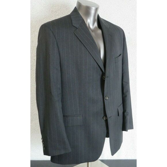 Mens Lauren  Ralph Lauren Black Gray 3 Button Suit‎ Jacket Size 44R Striped Wool - Picture 3 of 9